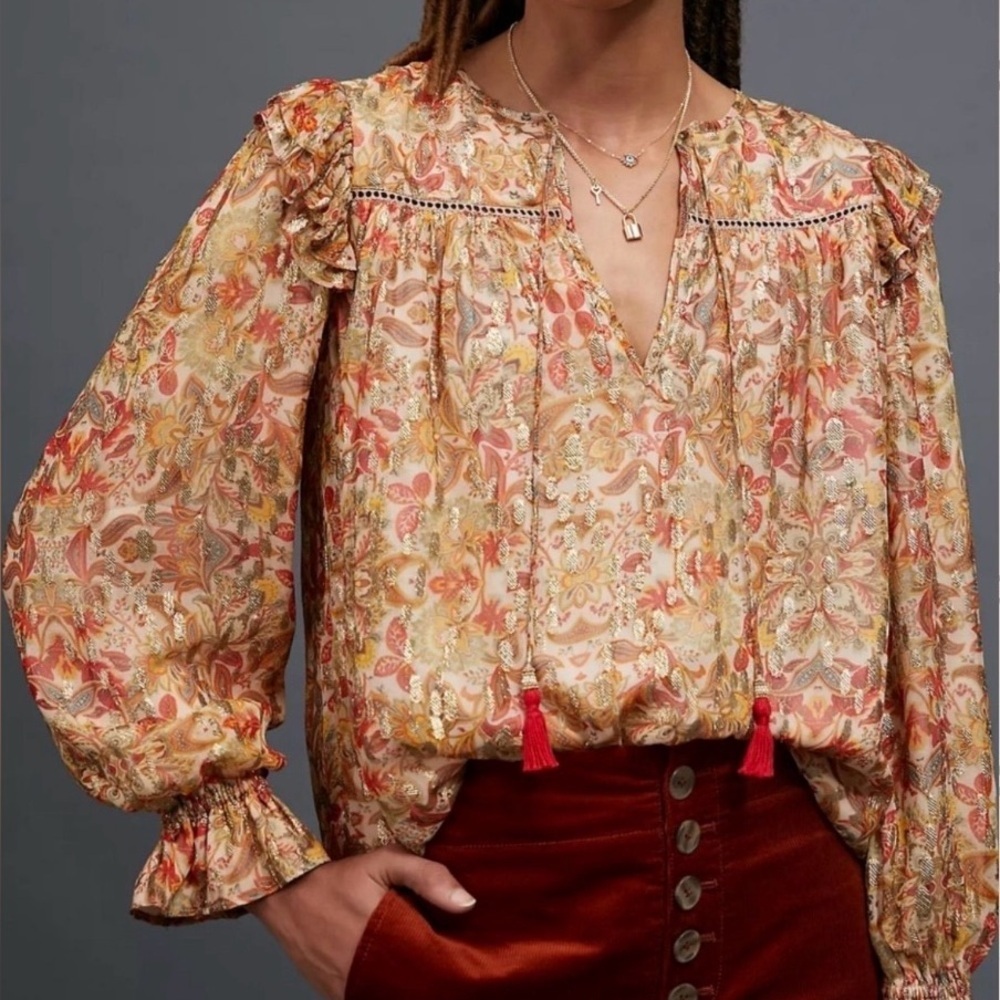 Anthropologie’s Love the Label Floral Peasant Blouse Gold/Orange Hues Size XS